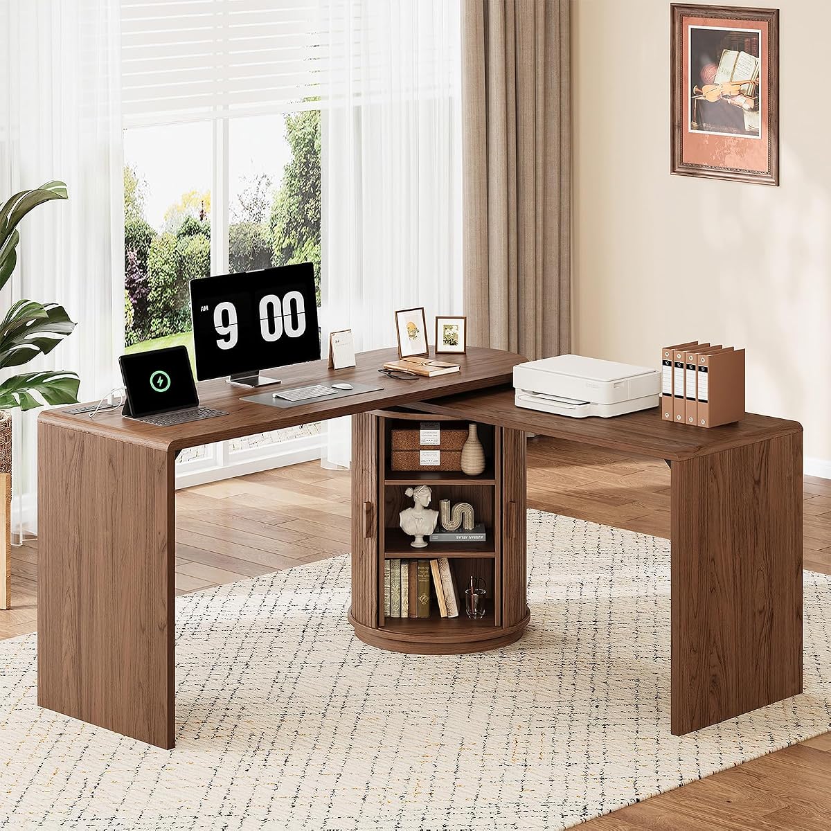 60 in L Shaped Desks,360° Rotating Swivel Corner Desk,Walnut