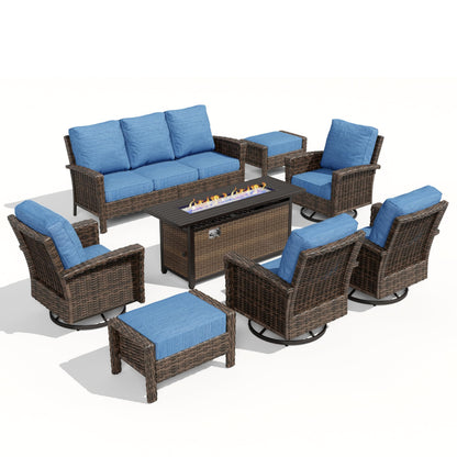 8-Piece Outdoor Furniture Set with Fire Pit Table, Patio Conversation Set with 5.5-Inch Thick Cushions & High Back Swivel Chairs, All-Weather Wicker Deep Seating Sofa with Ottomans, Blue