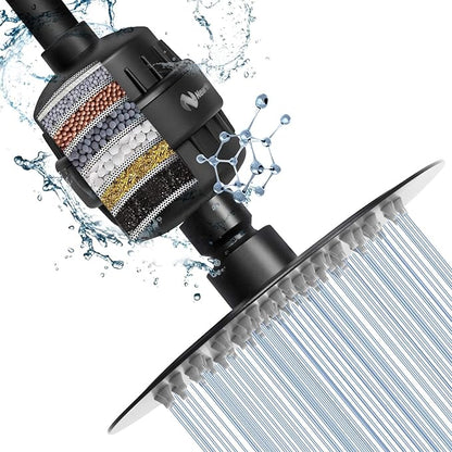 NearMoon Shower Head and 15 Stage Shower Filter Combo, High Pressure Filtered Shower for Hard Water, Improves the Condition of Your Skin, Hair (6 Inch, Black)