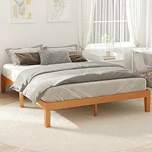 Solid Wood Platform Queen Bed Frame, 12inch Wooden Mattress Foundation with Sturdy Wood Slat Support, No Box Spring Needed, Under Bed Storage, Natural Pine
