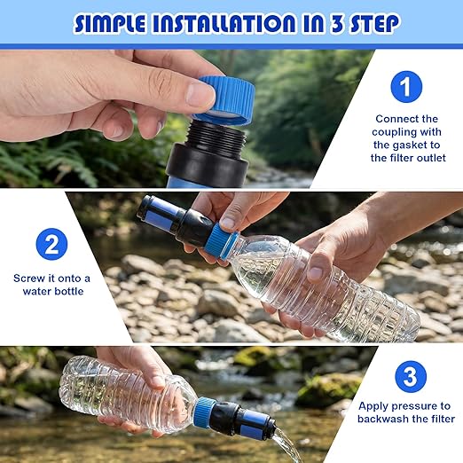 Gerrii 4 Pcs Water Filter Coupling Kit Compatible with SP150, 28 mm Threaded Filtration Couplings for Standard Plastic Bottles, Cleaning Couplers with Gasket Seals for Hiking, Camping (Blue)