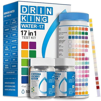 AAwipes Drinking Water Test Strips 17 in 1 50 Strips + 2 Bacteria Tester Kits, Complete Water Testing Kits for Home, Well, Tap Water, City Water, Flood Water Testing Strips (K03-50)