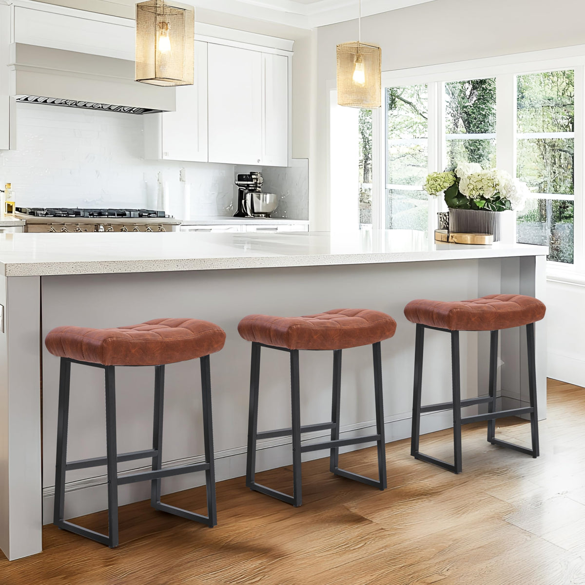 Modern Bar Stools Set of 6 for Kitchen Counter 24 inch Counter Height Backless Barstools with Upholstered Faux Leather Saddle Seat and Metal Frame Industrial Bar Chairs, Brown
