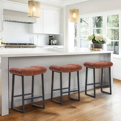 Modern Bar Stools Set of 6 for Kitchen Counter 24 inch Counter Height Backless Barstools with Upholstered Faux Leather Saddle Seat and Metal Frame Industrial Bar Chairs, Brown