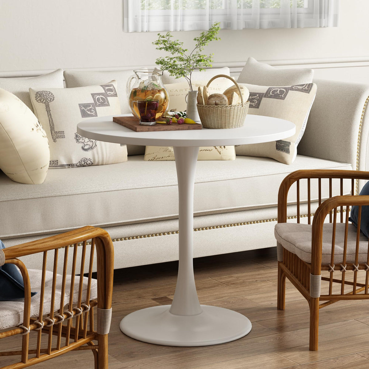 Round Dining Table 30" Circle Tulip Table with Wood Thickened Tabletop & Sturdy Metal Pedestal Mid Century Modern Leisure Bistro Kitchen Tables 4 People Small Places Living Room Cafe,White