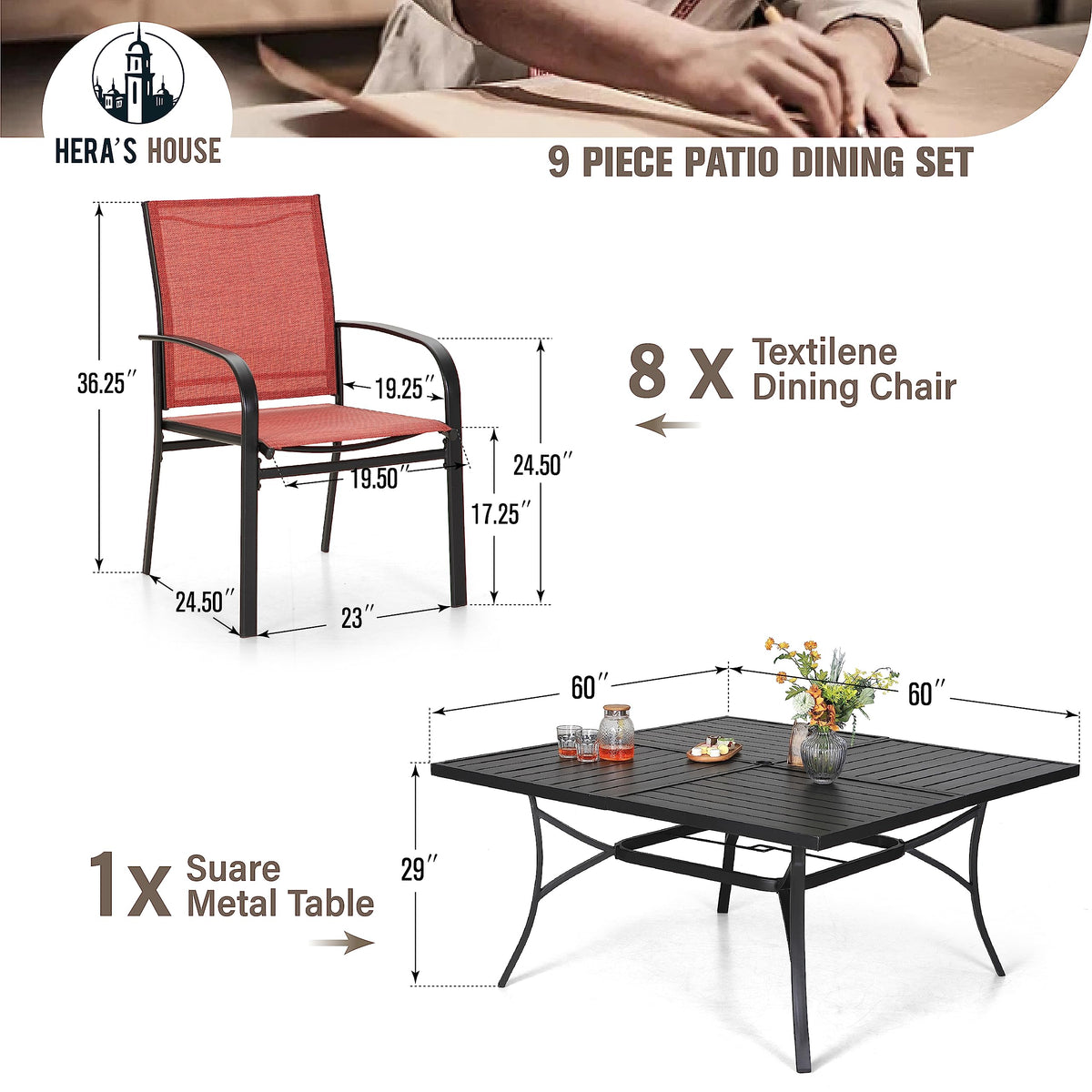 Patio Dining Set 9 Pieces, Outdoor Table and Chairs Set for 8, 8 x Red Textilene Dining Chair, 60" Square Metal Dining Table with 1.57" Umbrella Hole, for Lawn Garden Backyard Deck