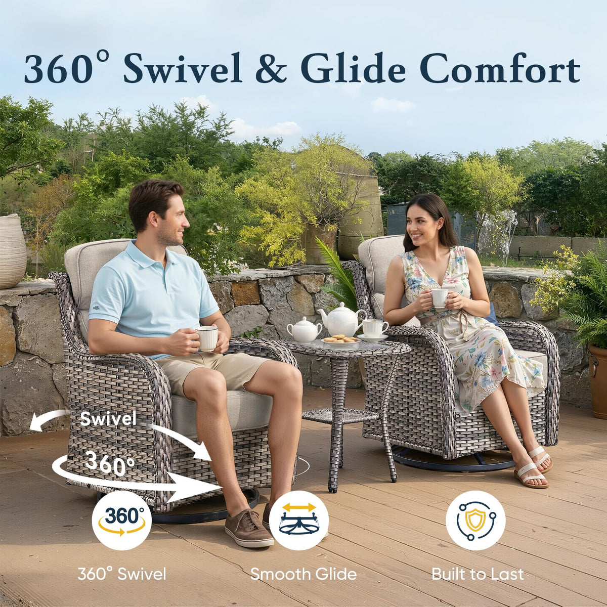 Luxury 6" Thick Cushioned Outdoor Swivel Rocker Patio Chairs of 2, High Back Wicker Patio Furniture Set with Ergonomic Zone Back, Conversation Glider Set for Deck Porch - Grey+Beige