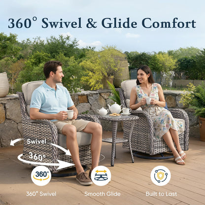 Luxury 6" Thick Cushioned Outdoor Swivel Rocker Patio Chairs of 2, High Back Wicker Patio Furniture Set with Ergonomic Zone Back, Conversation Glider Set for Deck Porch - Grey+Beige