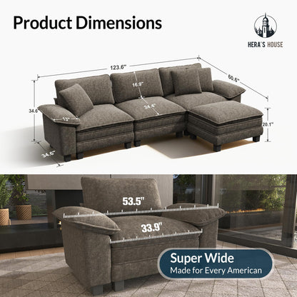 124" Modular Sectional Sofa, Oversized L Shaped Couches for Living Room, Comfy Cloud Couch with Ottoman, 4-Seater Deep Seat Sofa with Throw Pillow, Chenille Ash
