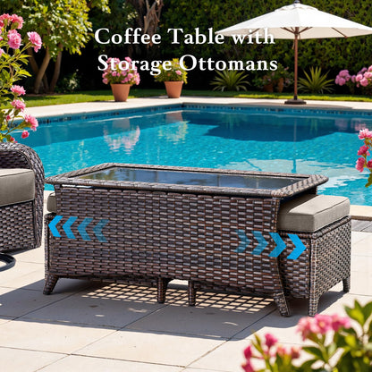 Luxury 6" Thick Cushioned 11 Pieces Patio Furniture Set with Outdoor Couch, Wicker Outdoor Conversation Set with High Back Swivel Rocker Chairs for Deck Porch Yard and Poolside - Brown+Grey