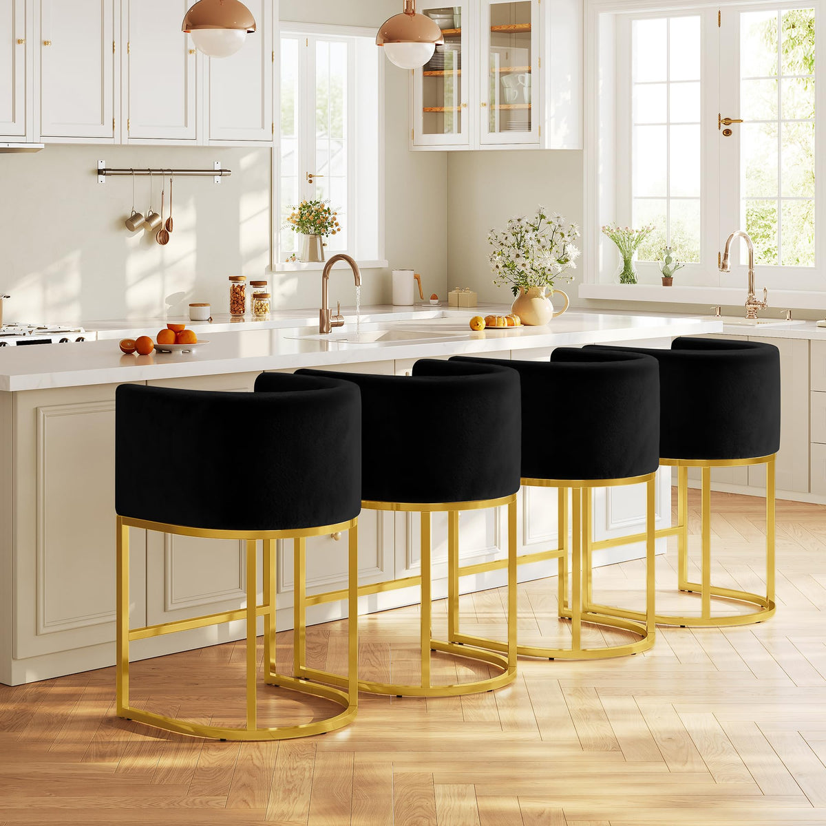 Modern Counter Height Bar Stools,Bar Stools Set of 4,Velvet Fabric Upholstered Barrel Barstools with Backs,26'' Kitchen Island Chairs,Metal Gold Frames,Ink Black Velvet