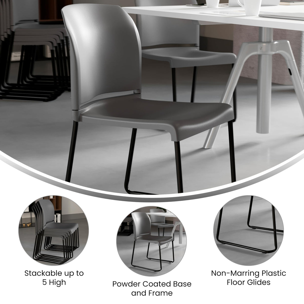 880 lb. Capacity Gray Full Back Contoured Stack Chair with Black Powder Coated Sled Base