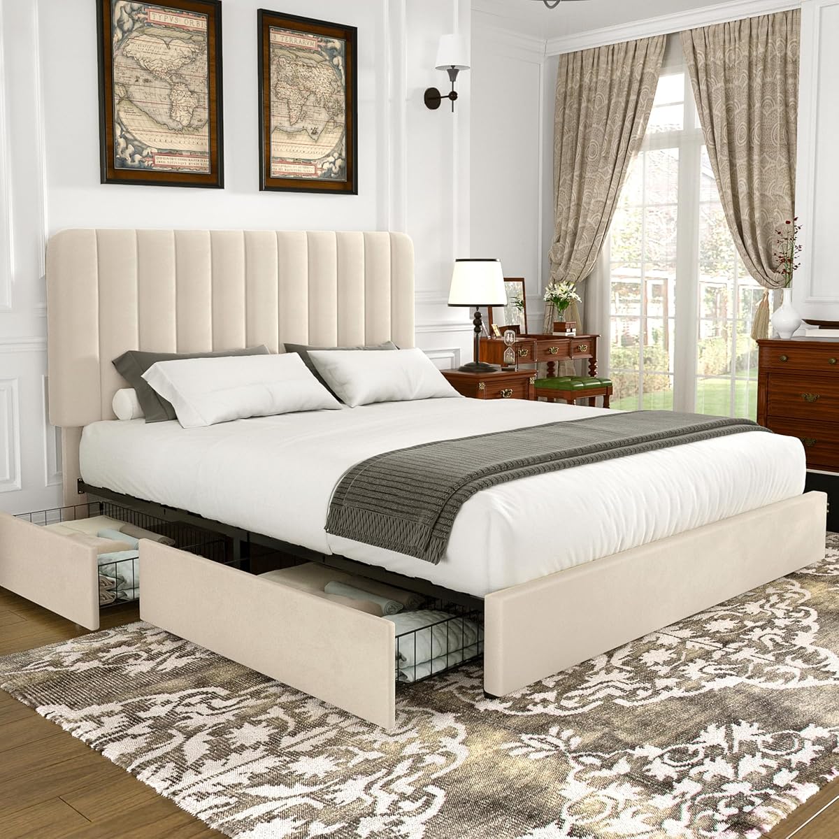 Queen Size Upholstered Bed Frame with 4 Drawers and Headboard, Velvet Platform Storage Bedframe, Wooden Slats Support, No Box Spring Needed, Beige