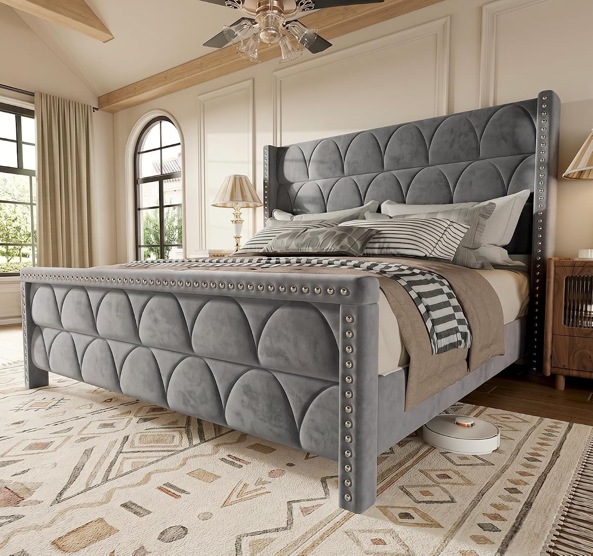 King Size Bed Frame with 56" Headboard - Velvet Upholstered Wingback Platform Bed Frame, Noise Free, Sturdy Wooden Slat Support (Deep Gray, King)