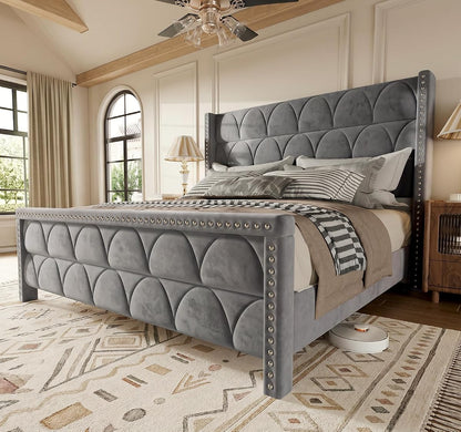 King Size Bed Frame with 56" Headboard - Velvet Upholstered Wingback Platform Bed Frame, Noise Free, Sturdy Wooden Slat Support (Deep Gray, King)