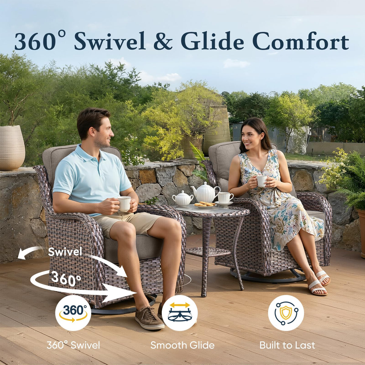 Luxury 6" Thick Cushioned 7 Pieces Patio Furniture Set with Fire Pit Table, Wicker Outdoor Conversation Set with High Back Swivel Rocker Chairs for Deck Porch Yard and Poolside - Brown+Grey