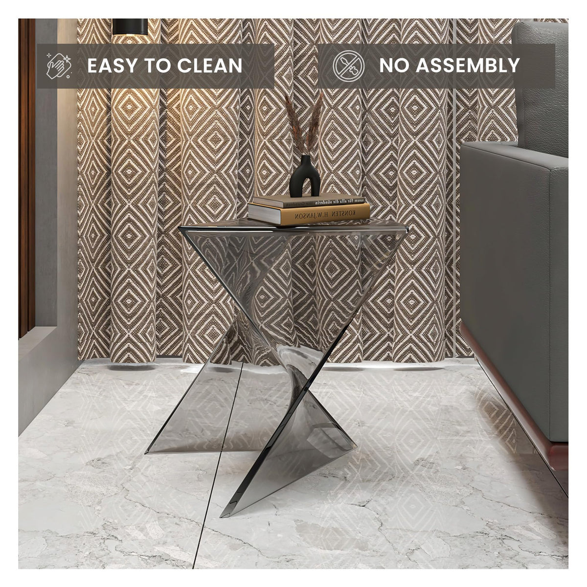 15.75" Triangular Side Table, Stackable Plastic Accent End Table for Indoor & Outdoor Use, Weather-Resistant Modern Patio & Living Room Table, Set of 2, Smoke