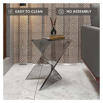 15.75" Triangular Side Table, Stackable Plastic Accent End Table for Indoor & Outdoor Use, Weather-Resistant Modern Patio & Living Room Table, Set of 2, Smoke