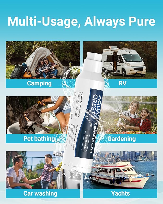 AQUA CREST RV Inline Hose Water Filter, Garden and Camper, NSF Certified, Greatly Reduces Chlorine, Bad Taste, Odor, 2 Pack with Hose Protector (Package May Vary)