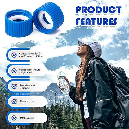 Gerrii 2 Pcs Water Filter Coupling Kit Compatible with SP150, 28 mm Threaded Filtration Couplings for Standard Plastic Bottles, Cleaning Couplers with Gasket Seals for Hiking, Camping (Blue)