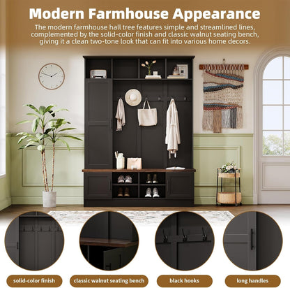 Farmhouse Wood Hall Tree with Shoe Bench and 2 Drawers, 4-In-1 Coat Rack with 6 Hooks for Entrance, Hallway, Mudroom Black
