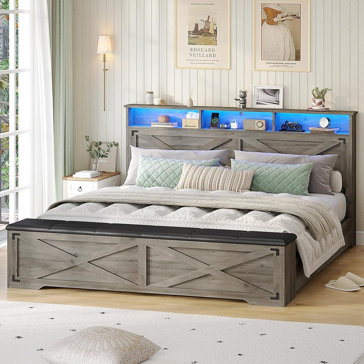Queen Size Bed Frame with Storage Ottoman, Farmhouse Bed Frame with Charging Station and Led Light, Headboard with Storage Rack, Metal Slats, No Noise Design, No Box Spring Needed,Oak Grey