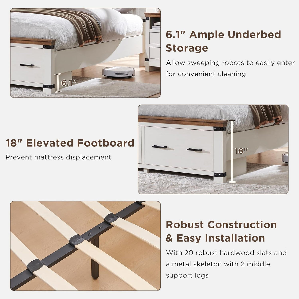 Farmhouse Queen Size Bed Frame W/ 54" Tall Geometric Headboard, Rustic Wood Platform Bed W/ 2 Large Storage Drawers, Wood Slats Support, Noise Free, No Box Spring Needed, Antique White
