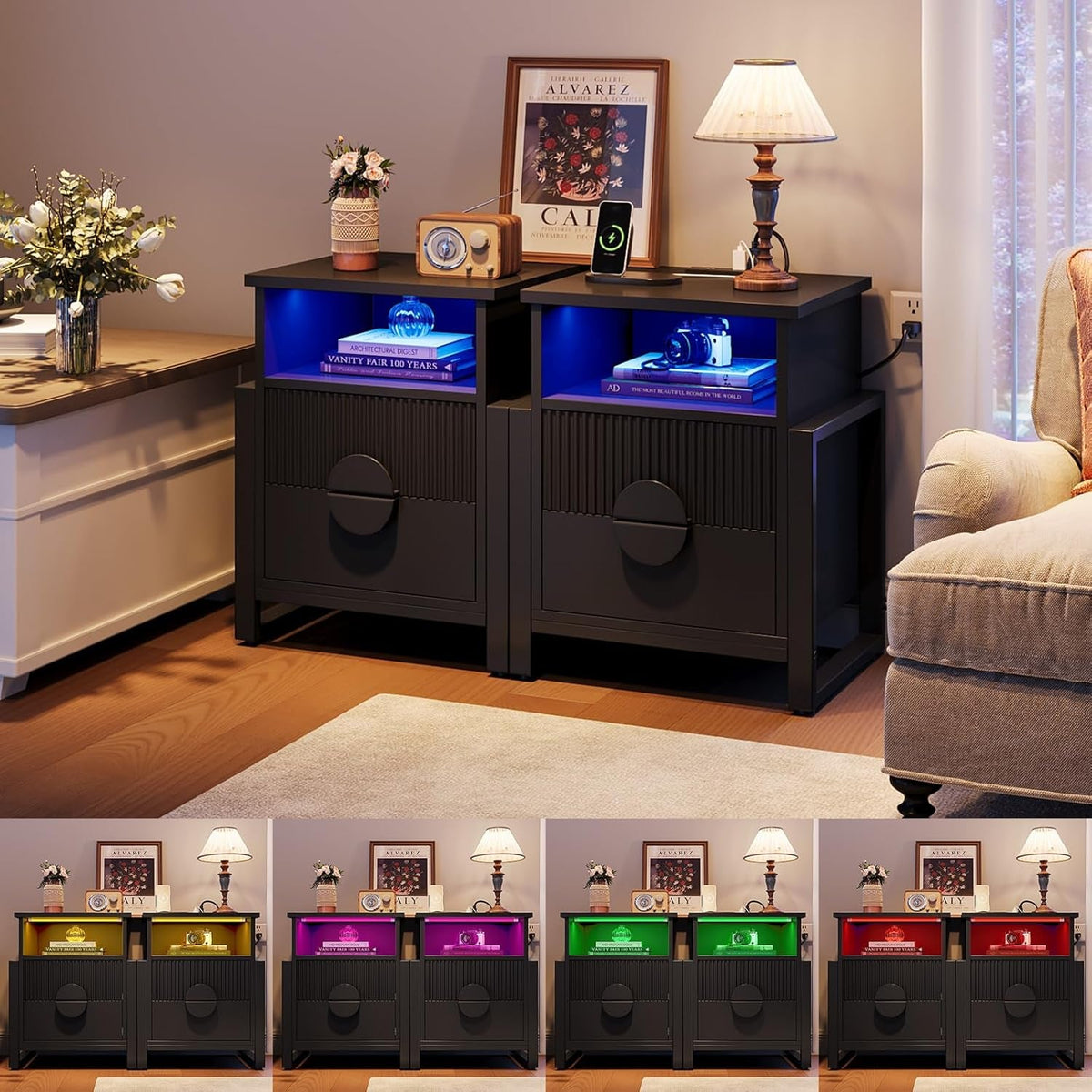 Set of 2 Fluted Nightstand with Charger Station Strip Lights, 20.47" W Night Stand with 2 Drawers, Large Accent Bed Side Table and End Table, Large Open Cubby, Raising H Legs,Black