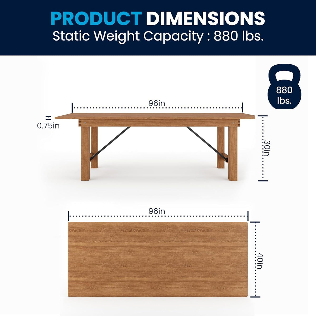 Hercules Series 8' X 40" Rustic Solid Pine Folding Dining Table, Rectangular Antique Farmhouse Dining and Event Extension Table
