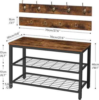 Hall Tree with Bench, Coat Rack Shoe Bench Set, Entryway Shoe Rack with Coat Hooks, Hall Tree Coat Rack, Mud Room, Industrial, for Foyer, Front Door, Rustic Brown BF07MT01