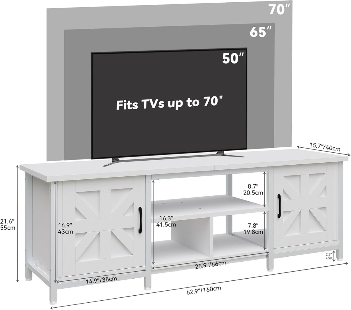 TV Stand with LED Lights & Charging Station, Farmhouse Entertainment Center with Storage Cabinets & Shelves, Cross-Pattern Doors, Fits Tvs up to 70'', TV Consoles for Living Room, White