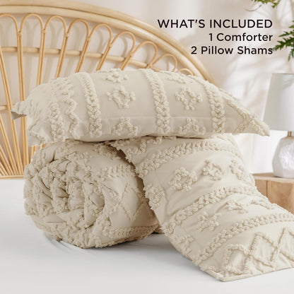 Tufted Boho Comforter Set Queen Size - Beige Boho Bed Set, Gentlesoft™ 3 Pieces Farmhouse Shabby Chic Embroidery Bedding, Gifts for Woman, Soft Jacquard Queen Comforter for All Seasons