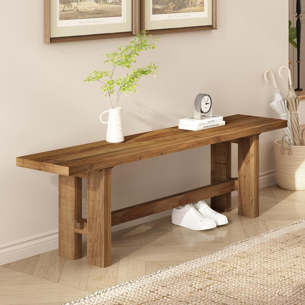 Reclaimed Solid Wood Bench, 55" Farmhouse Entryway Bench for Hallway, Kitchen, Dining, Bedroom, Narrow Indoor Bench with Rustic Charm