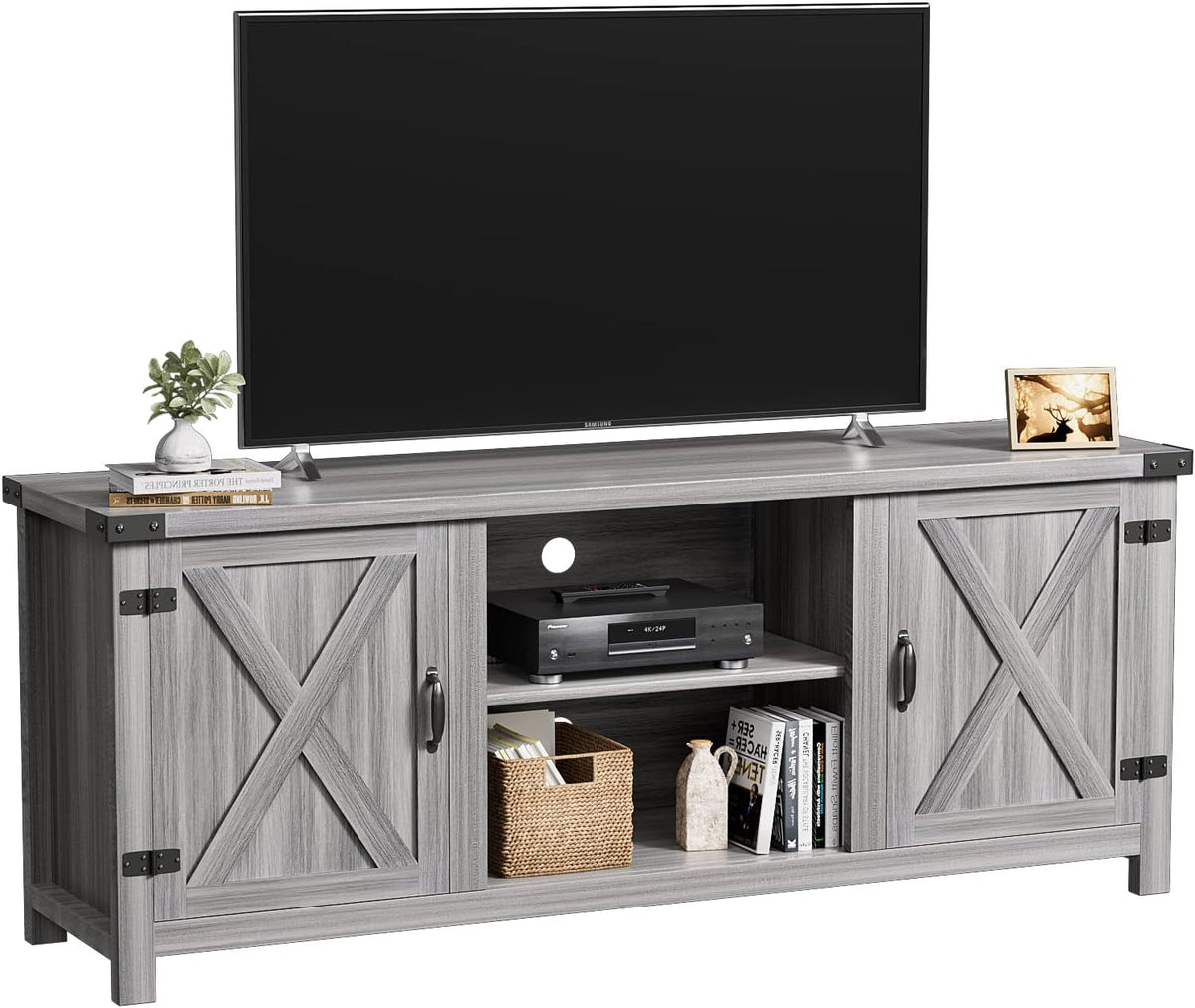 Modern Farmhouse TV Stand with Two Barn Doors and Storage Cabinets for Televisions up to 65+ Inch, Entertainment Center Console Table, Media Furniture for Living Room, 58 Inch, Gray Wash