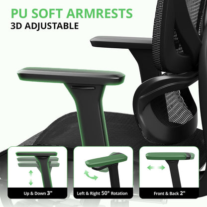 Ergonomic Office Chair with Footrest, Mesh Desk Chair with 135° Recline, Adjustable Lumbar Support, 3D Armrests and Headrest, Swivel Computer Chair for Home Office
