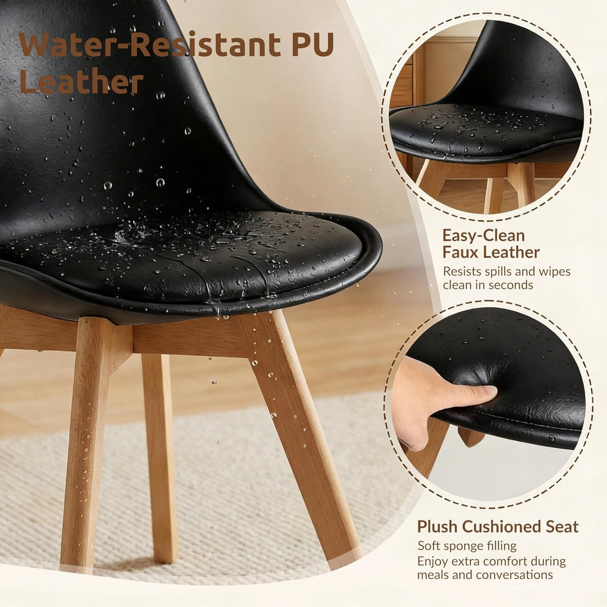 Dining Chairs Set of 4, Modern Upholstered Dining Room Chairs with PU Leather Padded Seat, Armless Kitchen Chairs with Curved Backrest and Solid Wood Legs for Dining Room, Kitchen, Apartment, Black