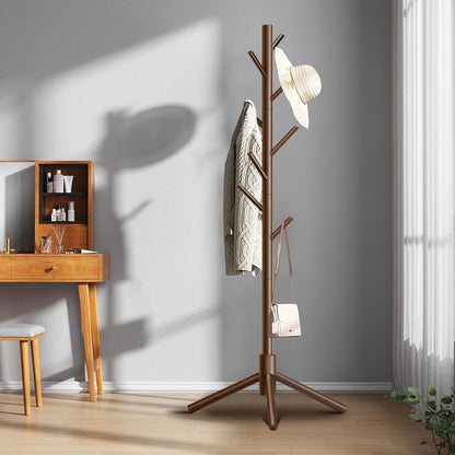 Wooden Coat Rack, Free Standing Coat Rack with 8 Hooks 3 Adjustable Heights for Clothes, Hats, Handbags, Coat Tree Easy Assembly for Entryway, Bedroom, Hallway, Office (New Brown)