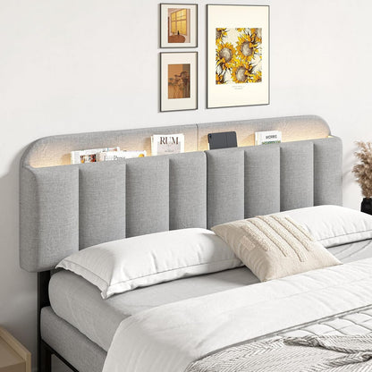 Adjustable Headboard for King/California King Size Bed Frame, Linen Fabric Bed Headboard with Storage & RGB LED Light in Modern Vertical Channel Design, Light Grey