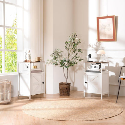 Farmhouse Nightstand with Charging Station, Wood Night Stand End with USB Ports, LED Bed Side Table with Storage Cabinet, Bedside Table for Bedroom, Living Room White