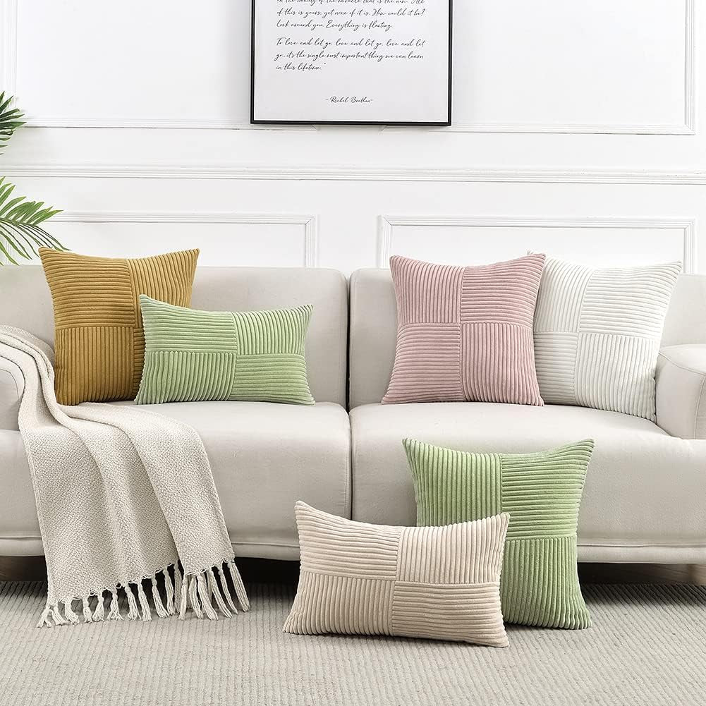 Fancy Homi Rust Lumbar Decorative Throw Pillow Covers 12x20 Inch for Couch Bed Sofa, Rustic Farmhouse Boho Home Decor, Soft Striped Corduroy Rectangle Accent Terracotta Cushion Case 30x50 cm