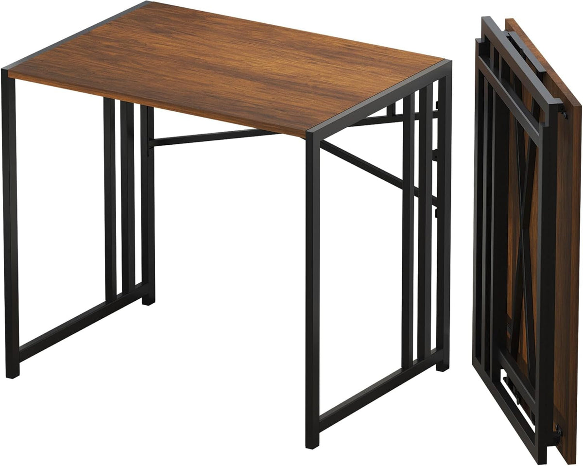 32 Inch Folding Small Desk, Writing Gaming Computer Camping Desk for Small Spaces, No Assembly Required Home Office Desk, Mahogany