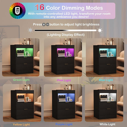 Night Stand, Bedside Table, LED Nightstand with Charging Station, Modern Night Stand, Wood Sofa Couch End Side Table with 2 Pull-Out Shelf (Black)