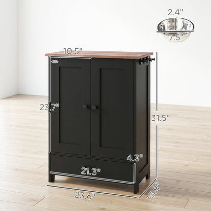 Pet Feeding Station, Dog Food Storage Cabinet w/ Raised Dog Bowls, Adjustable Panel, Hooks for Medium Dogs, Black