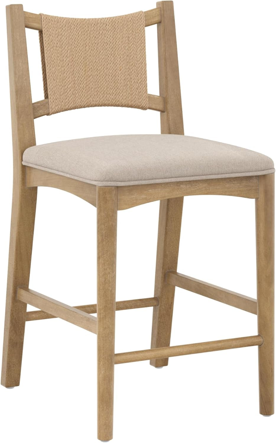 Elodia Boho Counter Height Bar Stool with Back, Woven Seagrass Backrest and Solid Wood Frame, Light Brown