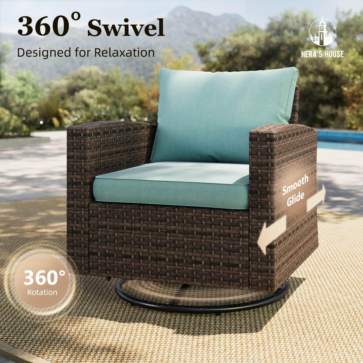 Patio Wicker Chairs Outdoor Swivel Rocker Chairs Set with Ottomans, 4 Piece Patio Seating Furniture Conversation Sets for Lawn Deck Porch Pool, Brown/Blue