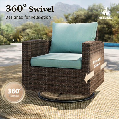 Patio Wicker Chairs Outdoor Swivel Rocker Chairs Set with Ottomans, 4 Piece Patio Seating Furniture Conversation Sets for Lawn Deck Porch Pool, Brown/Blue