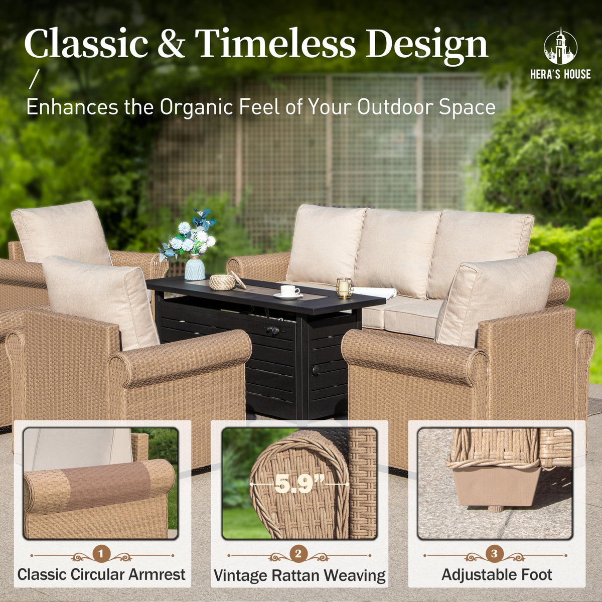 6-Piece Patio Furniture Set, All Weather 7 Seats Outdoor Wicker Sofa with 57" Fire Pit Table, 5.5" Thick Waterproof Cushion Conversation Couch Set for Garden Deck Backyard, Beige