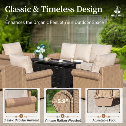 6-Piece Patio Furniture Set, All Weather 7 Seats Outdoor Wicker Sofa with 57" Fire Pit Table, 5.5" Thick Waterproof Cushion Conversation Couch Set for Garden Deck Backyard, Beige