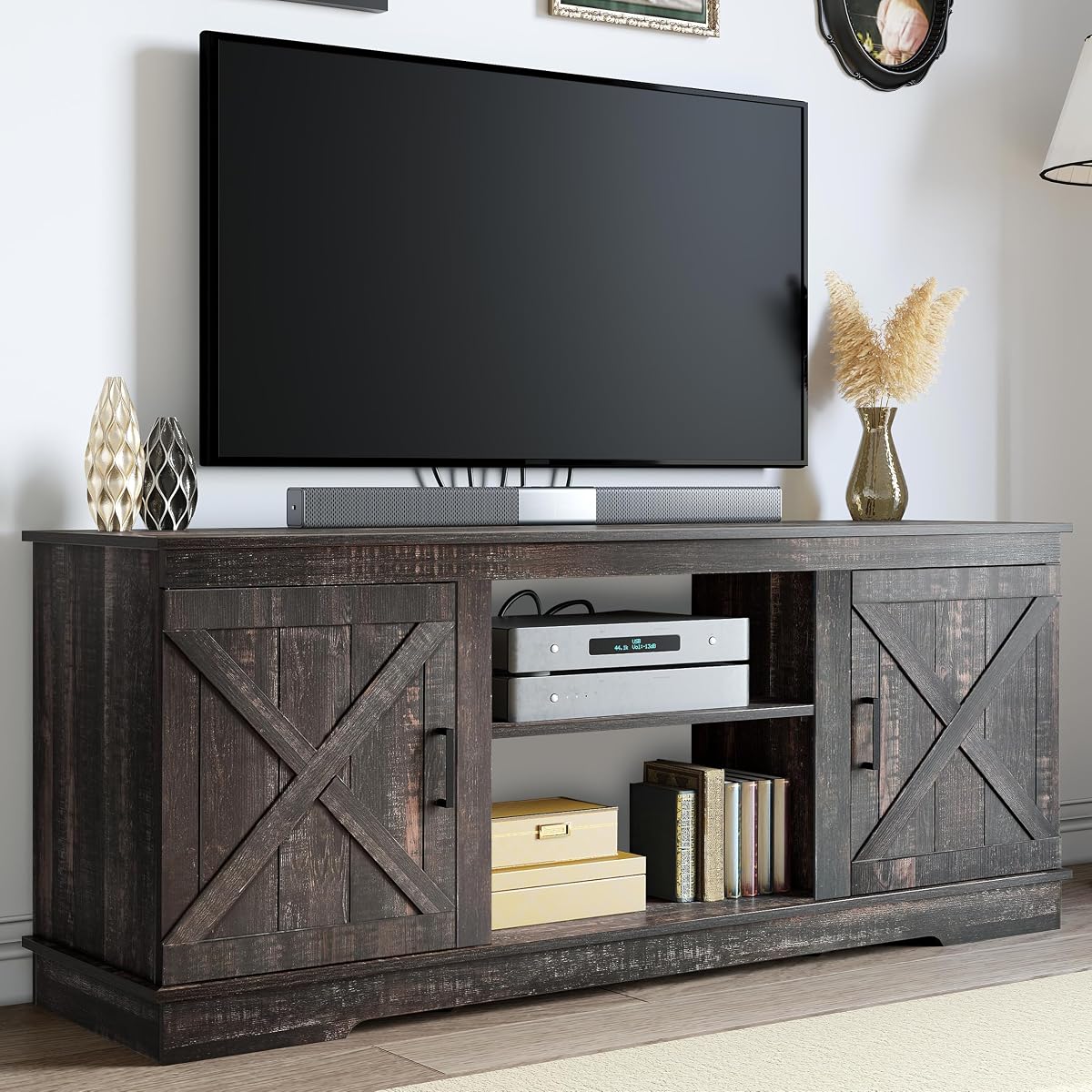 Farmhouse TV Stand for 65 Inch TV, Mid Century Modern Entertainment Center with Double Barn Doors, Rustic TV Media Console TV Cabinet for Living Room, Dark Oak