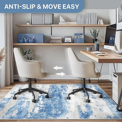 Office Chair Mat for Hardwood Tile Floor, Abstract 48"X 60" Desk Mats for Office Chair on Rolling Chairs Carpet, Desk Anti-Slip 1/5" Thick Rug for Computer Chair, Thin Low-Pile Floor Mat, Blue Cream